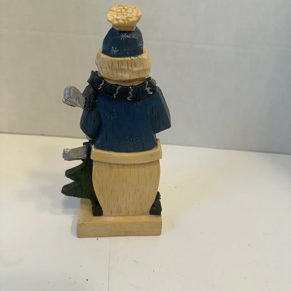 Rustic Snowman Figurine Christmas Decor Resin Wood Look Blue Coat Heart 7.5 Inch